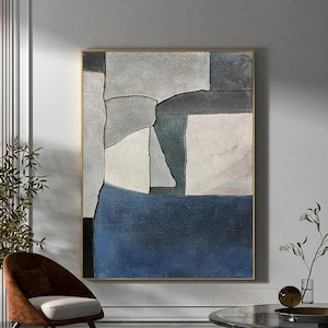 Blue Wall Painting Blue Minimalist Painting Wabi-Sabi Wall Art Blue Abstract Art Gray Texture Painting Beige Abstract Painting on Canvas