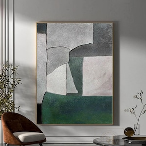 Large Abstract Painting Green Textured Painting Gray Wall Art Beige Canvas Painting Wabi-Sabi Wall Art Green Minimalist Painting