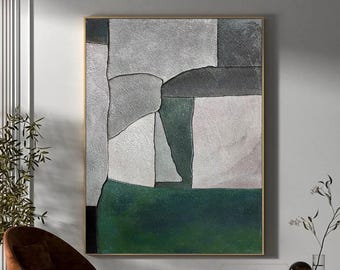 大きなベージュの抽象画 グリーンウォールアート ラインウォールアート