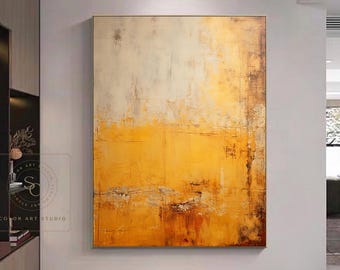 オリジナルのオレンジ色の抽象画、大きな黄色の油絵、オレンジ色の壁