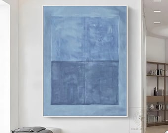 Pintura minimalista azul Arte mural azul grande Arte abstracto azul Pintura abstracta azul sobre lienzo Arte mural Wabi-Sabi Pintura al óleo geométrica