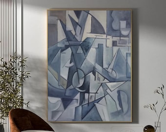 Geometric Abstract Painting Blue Abstract Painting Large Blue Wall Art Line Abstract Art Original Geometric Art Gray Abstract Painting