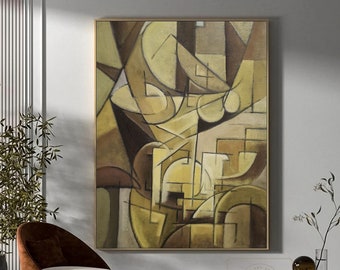 Large geometric abstract painting,bronze abstract painting,geometric minimalist art painting,brown geometric art Large living room wall art