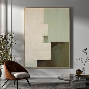 Green Minimalism Wall Art Beige Abstract Painting Large Green Wall Painting Wabi-Sabi Wall Art Original Geometric Painting Green Canvas Art