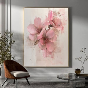Peinture abstraite de fleurs, grande fleur rose, art mural floral, art texturé rose, toile beige moderne, art mural rose original