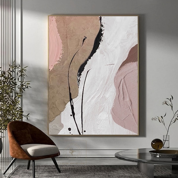Pink Abstract Painting Large Minimalist Painting Beige Wall Art Brown Abstract Art Pink Canvas Art Textured Painting Neutral Color Painting
