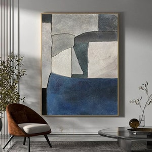 Pintura de pared azul Pintura minimalista azul Arte mural Wabi-Sabi Arte abstracto azul Pintura de textura gris Pintura abstracta beige sobre lienzo