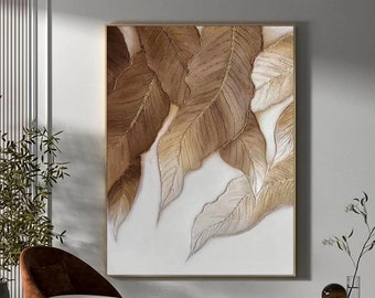 Large Leaf Abstract Painting Brown Abstract Art Leaves Wall Painting Gold Textured Art Modern Brown Wall Art Textured Canvas Wall Art