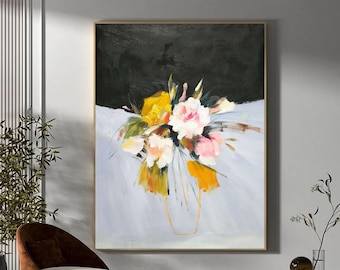Original Flower Wall Art Large Floral Abstract Art Black White Painting Flower Abstract Painting Flower Vase Painting Peony Canvas Painting