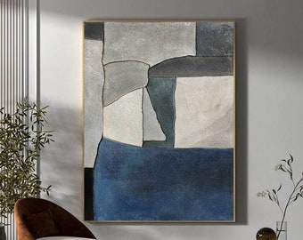 Blue Wall Painting Blue Minimalist Painting Wabi-Sabi Wall Art Blue Abstract Art Gray Texture Painting Beige Abstract Painting on Canvas