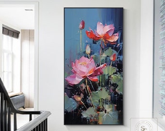 Original Lotus Oil Painting Large Flower Abstract Painting Pink Flower Wall Art Lotus Abstract Painting Pink Textured Painting Blue Wall Art
