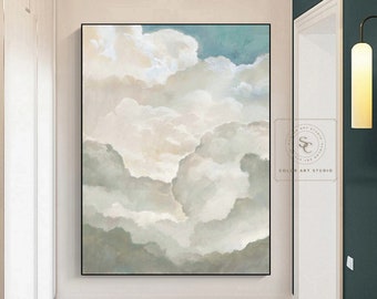 Cloudy Sky Oil Painting Green Texture Wall Art White Cloud Abstract ...