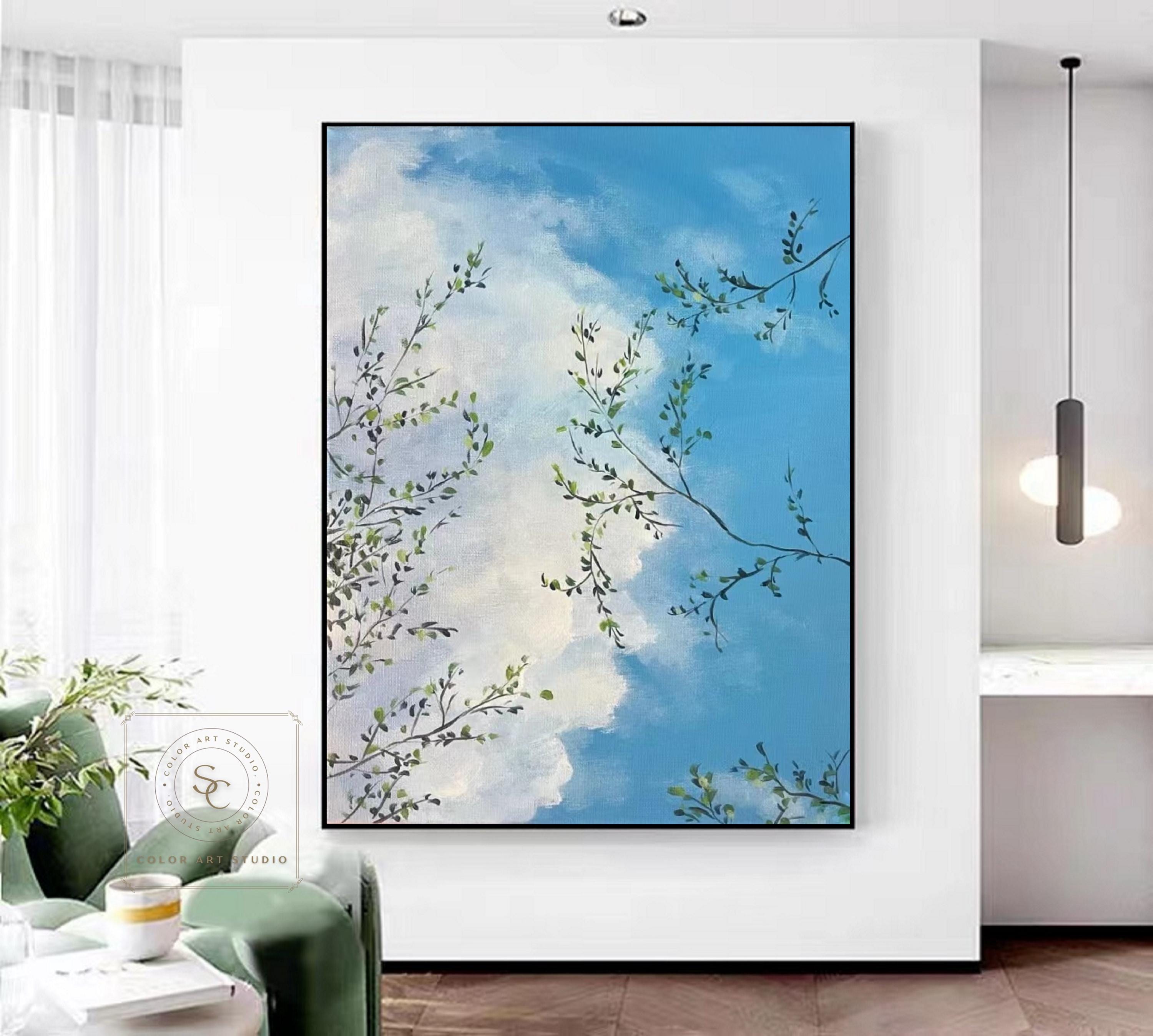 Large Blue Sky Painting White Cloud Wall Painting Green Leaf Abstract ...