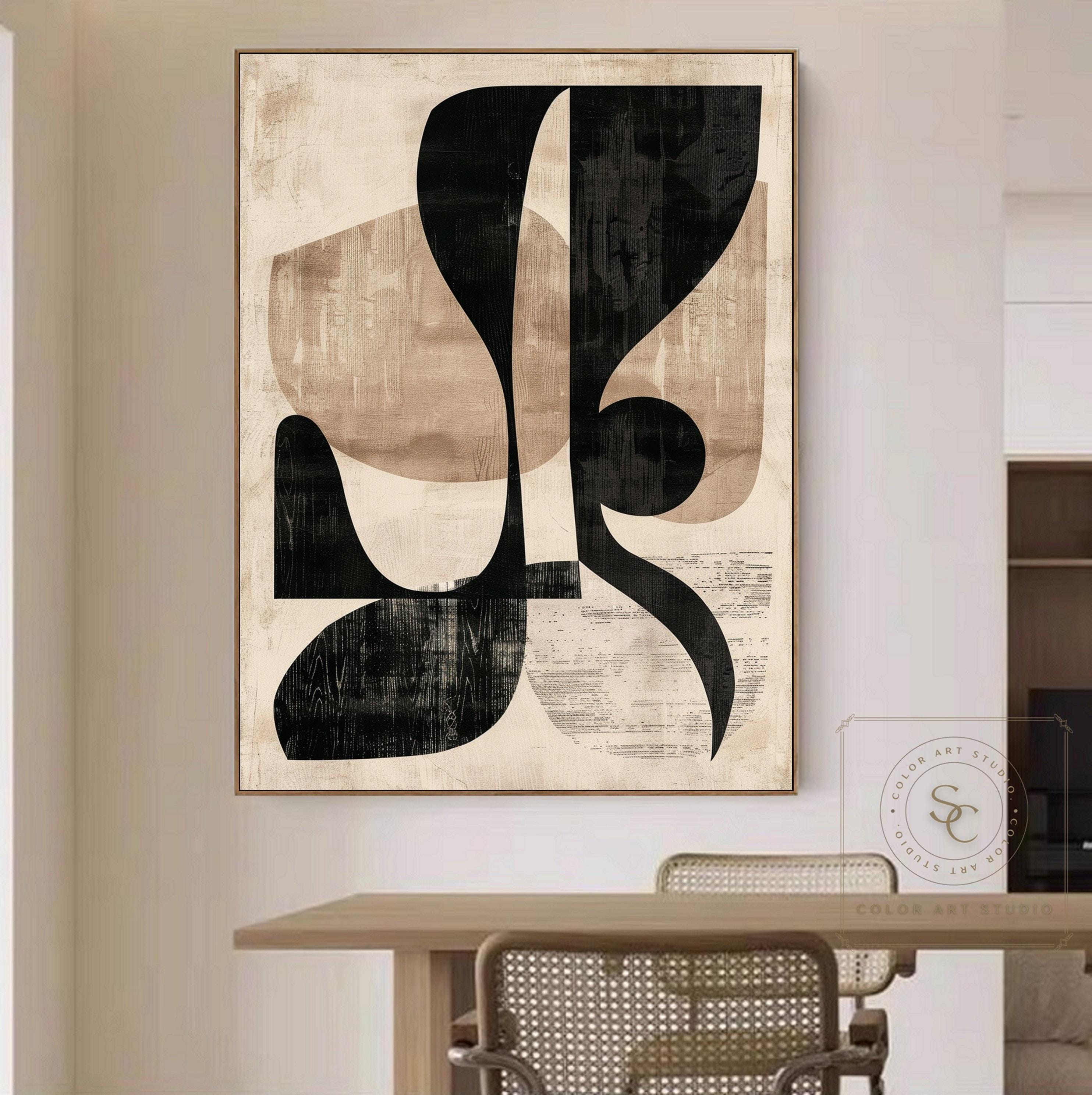 Large Beige Wall Art Original Black Abstract Painting Beige Minimalist ...