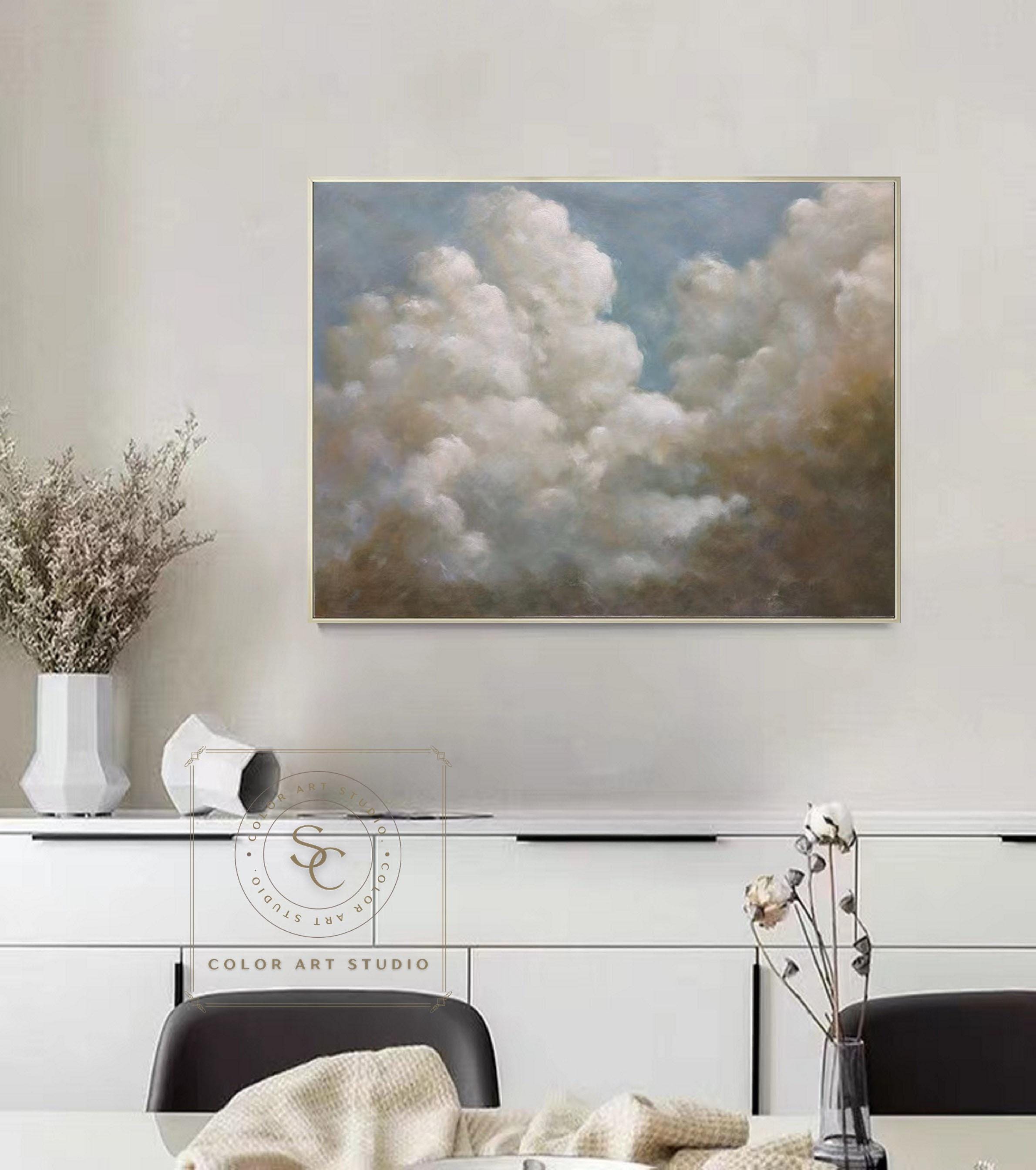 白い雲の油絵 大きな雲の壁アート オリジナルの曇り空の絵画 白い雲の