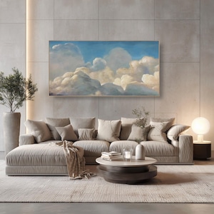 Pintura abstracta de paisaje minimalista, gran cuadro de pared con nubes blancas, cuadro sobre lienzo de cielo azul.