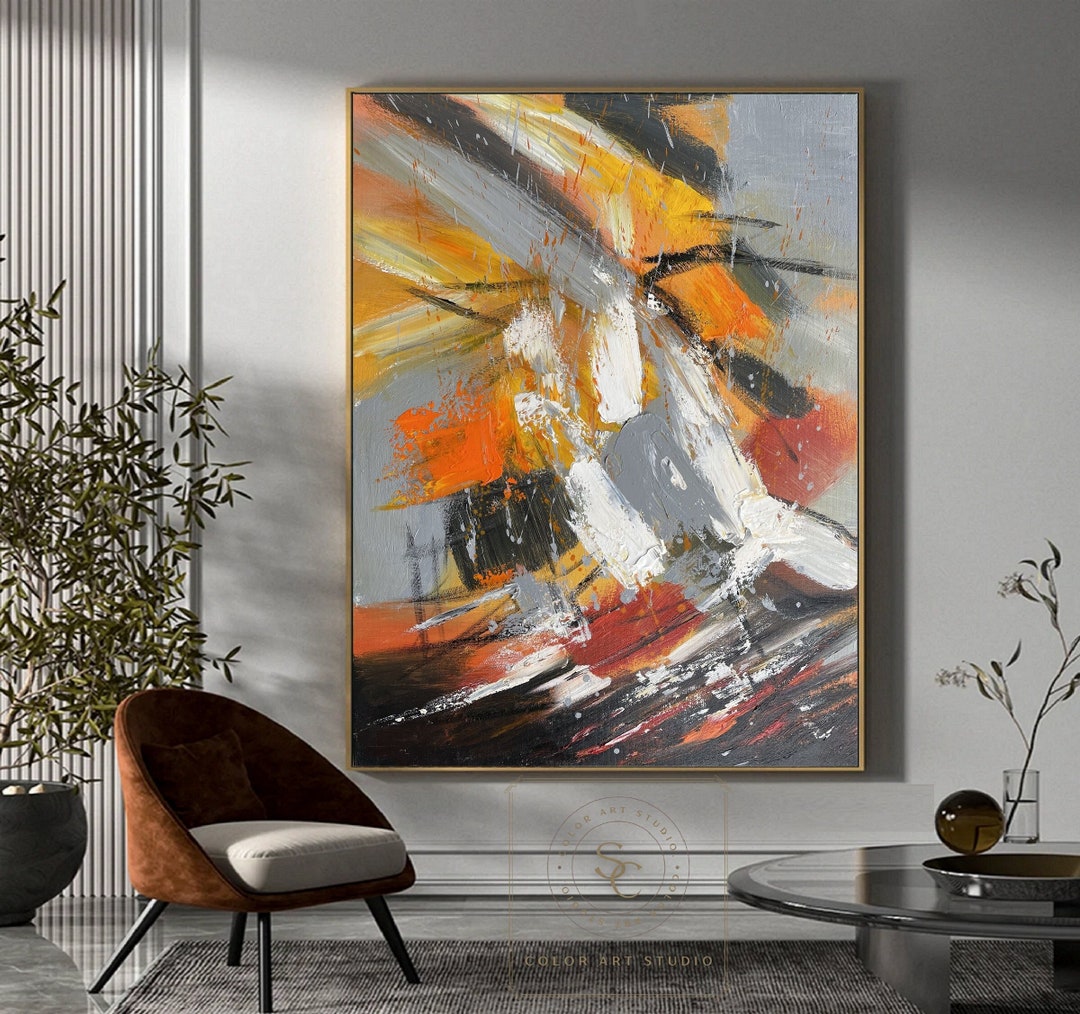 Large Orange Painting Abstract Art Extra Large Painting on Canvas White ...