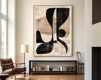Original Beige Boho Wall Art, Large Neutral Color Canvas, Black Brown Textured Painting, Minimalist Abstract Painting