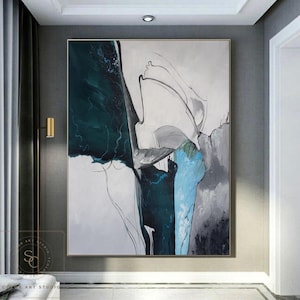 Original Abstract Painting Dark Green Abstract Art Gray Abstract Painting Large Minimalist Canvas Art Blue Wall Painting Modern Wall Art