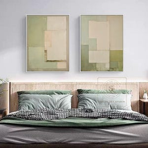 Minimalism Beige Wall Painting, Green Abstract Art, Set of 2 Wabi-Sabi Wall Art, Large Handmade Canvas for Home Decor image 3