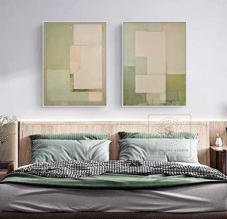 Minimalism Beige Wall Painting, Green Abstract Art, Set of 2 Wabi-Sabi Wall Art, Large Handmade Canvas for Home Decor image 3