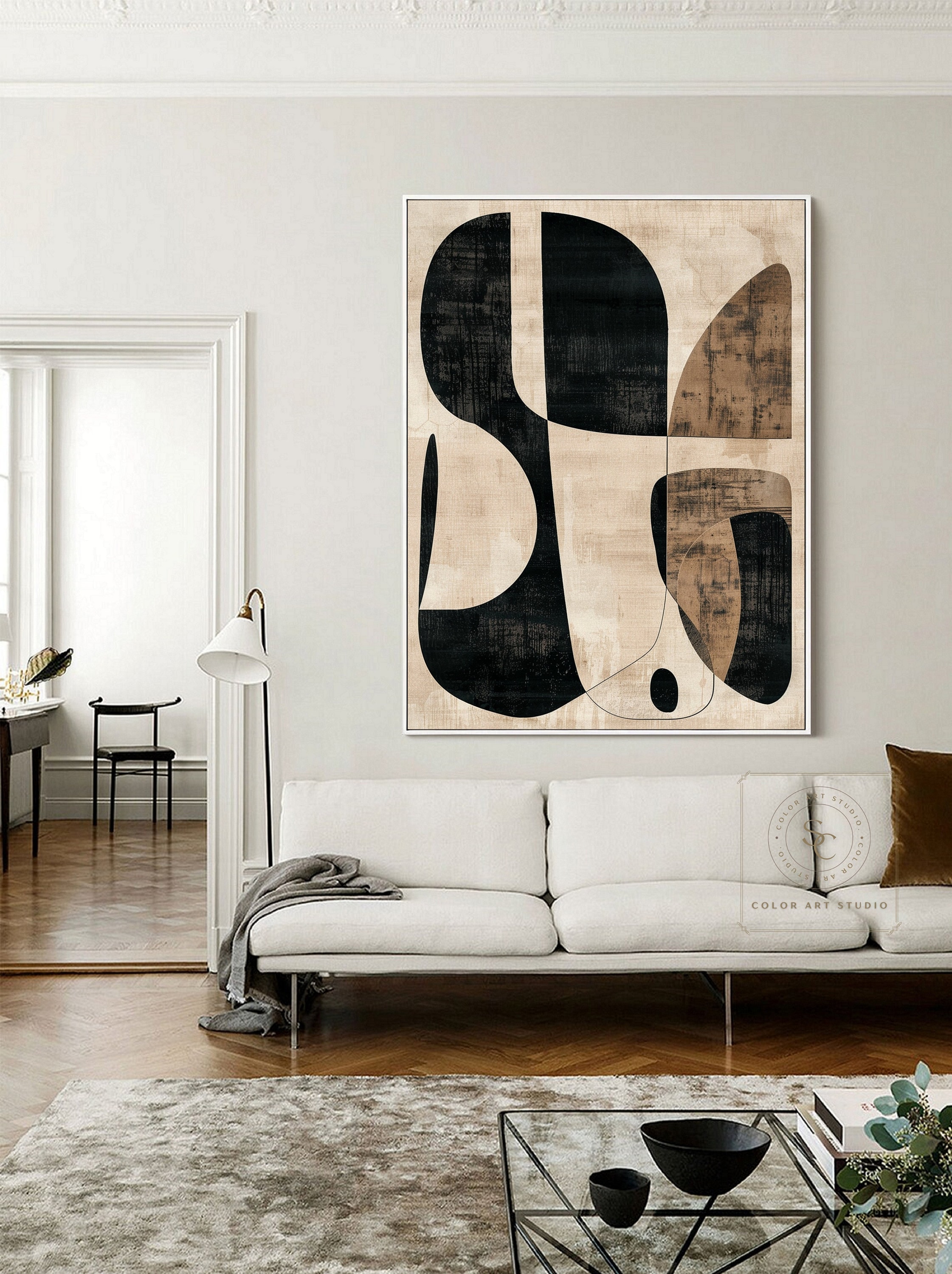 Black Beige Abstract Painting Beige Wall Art Minimalist Wall Art Large ...