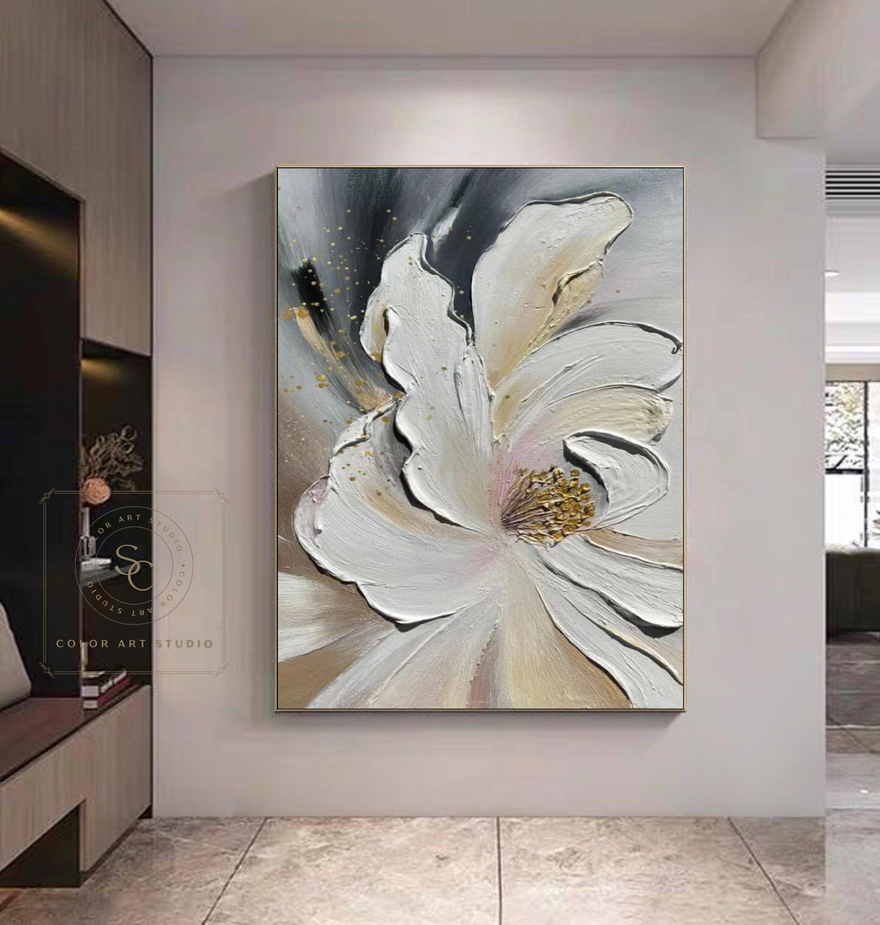 Large Flower Abstract Art Golden Texture Painting White Textured Wall ...