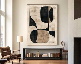 Large Boho Wall Art, Black Beige Abstract Painting, Minimalist Brown Canvas Painting, Original Neutral Wall Decor