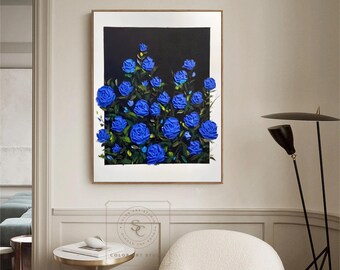 バラの抽象画、青い花の絵、青いバラの絵、大きな花の壁アート、3D
