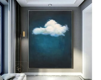 Minimalist Cloud Abstract Painting, Blue Abstract Painting on Canvas, Large White Textured Wall Art