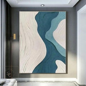 Blue Minimalist Painting White Texture Wall Painting Large Waves Abstract Art Blue Textured Art Modern Beige Wall Painting Blue Canvas Art