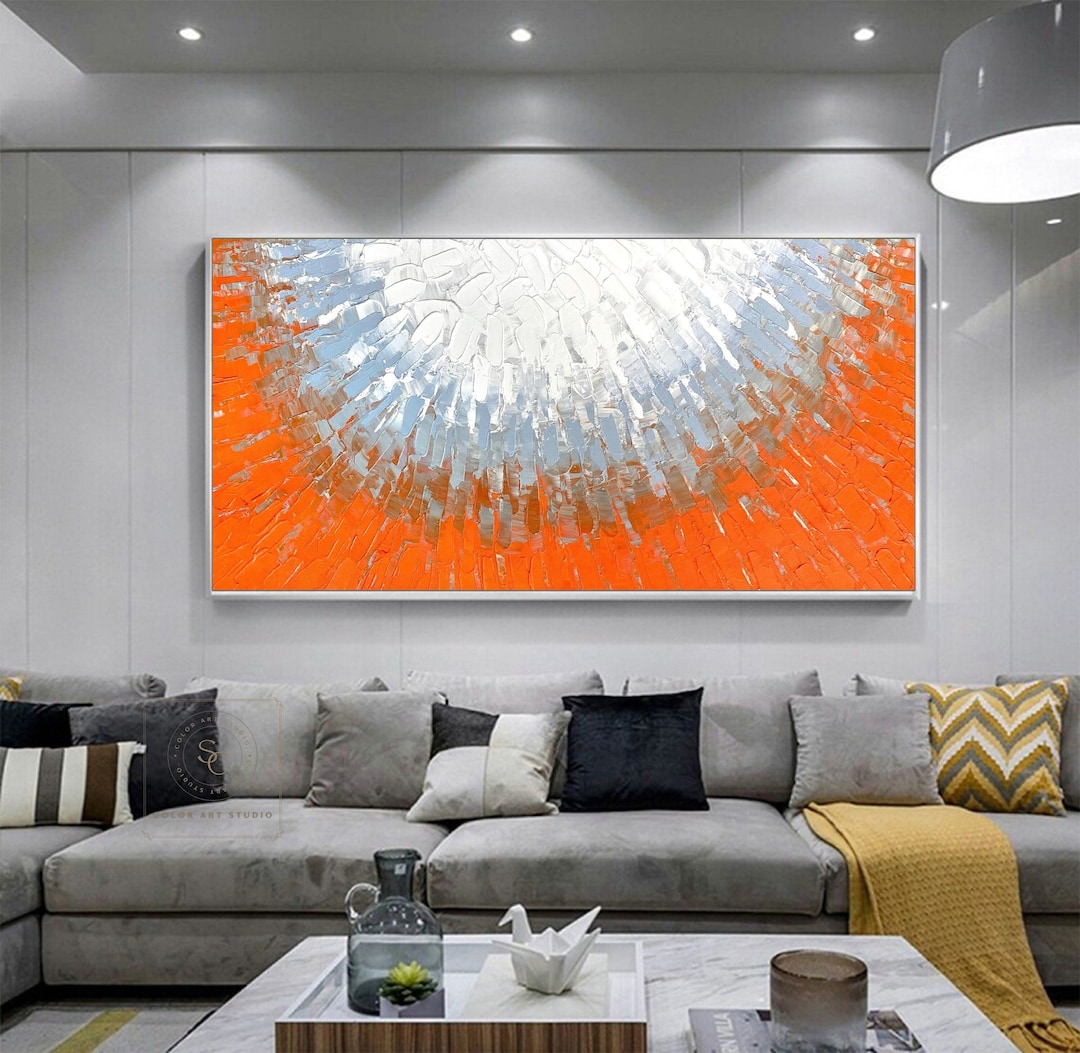 Large Orange Wall Art Orange Abstract Painting White Texture Art Orange