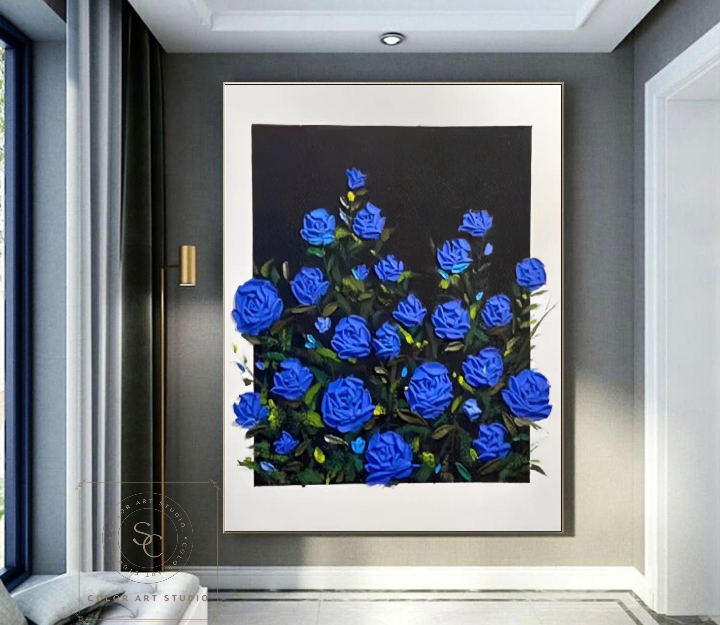 バラの抽象画、青い花の絵、青いバラの絵、大きな花の壁アート、3D