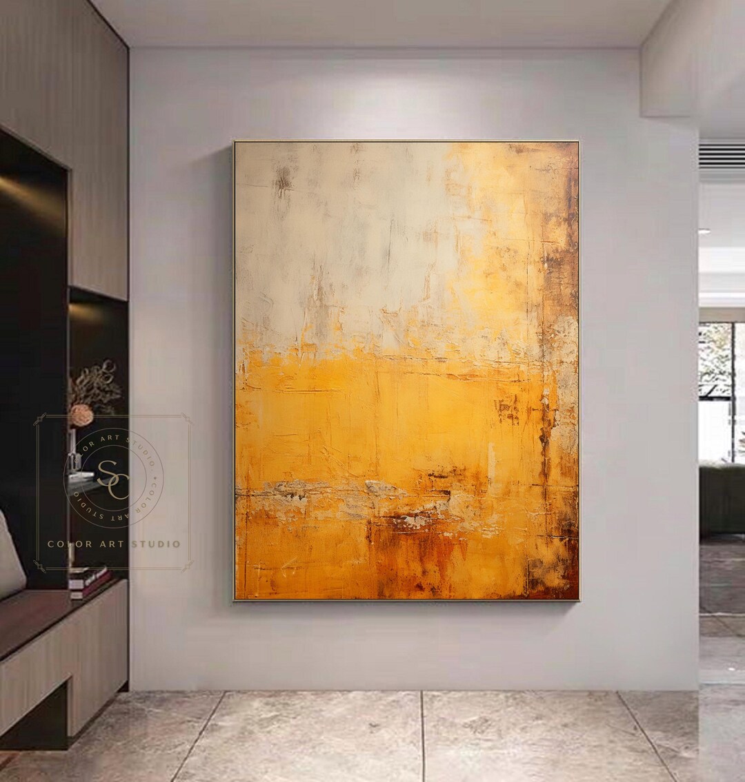 Orange Abstract Oil Painting Beige Textured Wall Art Large Yellow ...