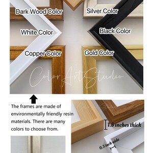The image is a collage of various colored wooden frames, including light wood, dark wood, silver, black, white, copper, gold, and brushed silver. The frames are made of environmentally friendly materials and come in different thicknesses, with options ranging from 1.3 inches to 0.3 inches thick. The silver color frame is described as brushed silver.
