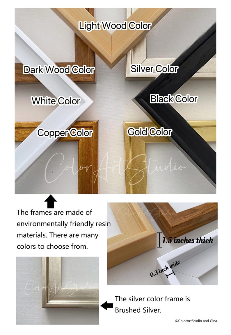 The image is a collage of various colored wooden frames, including light wood, dark wood, silver, black, white, copper, gold, and brushed silver. The frames are made of environmentally friendly materials and come in different thicknesses, with options ranging from 1.3 inches to 0.3 inches thick. The silver color frame is described as brushed silver.