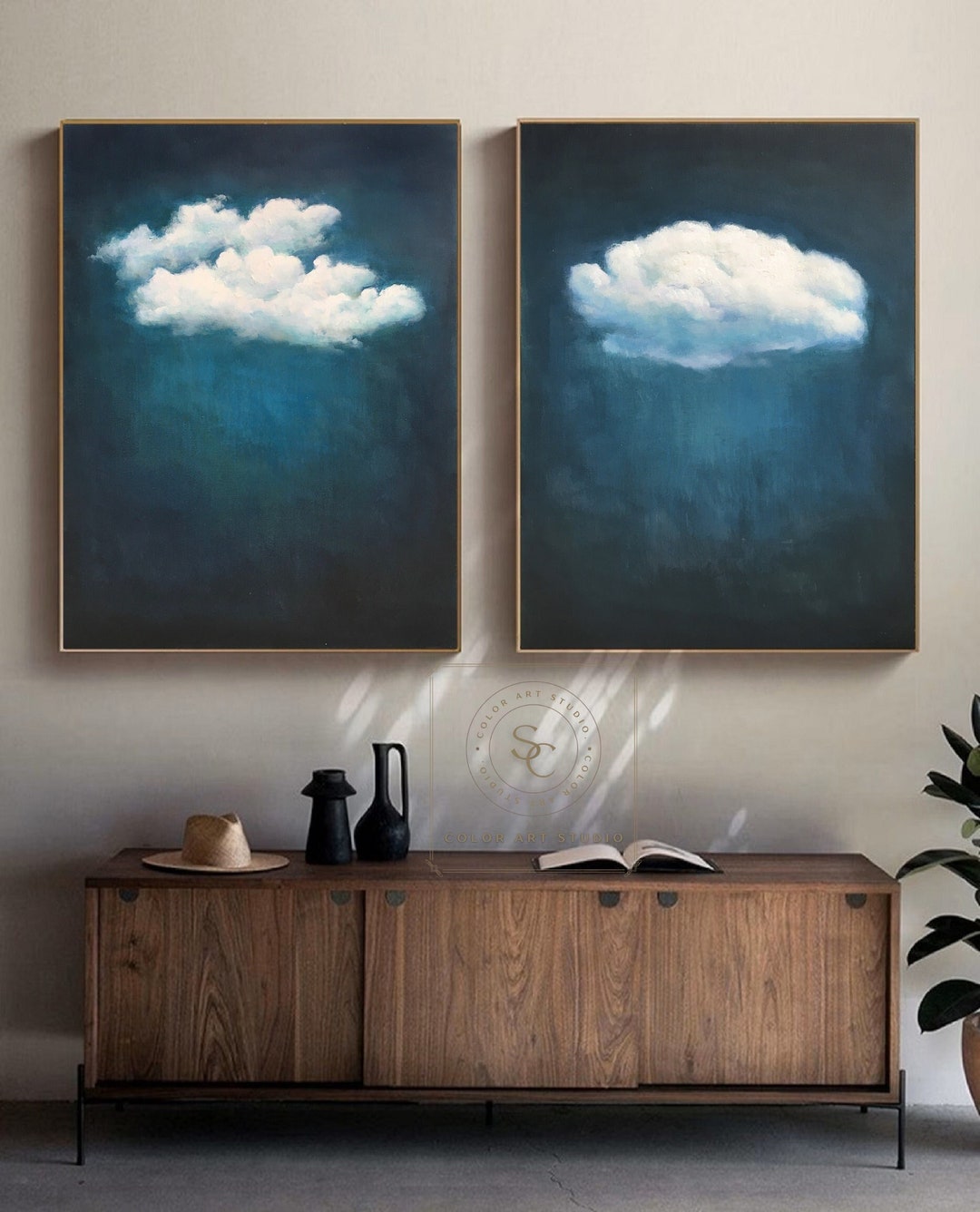 Set of 2 Paintings Blue Abstract Painting Large Blue Minimalism
