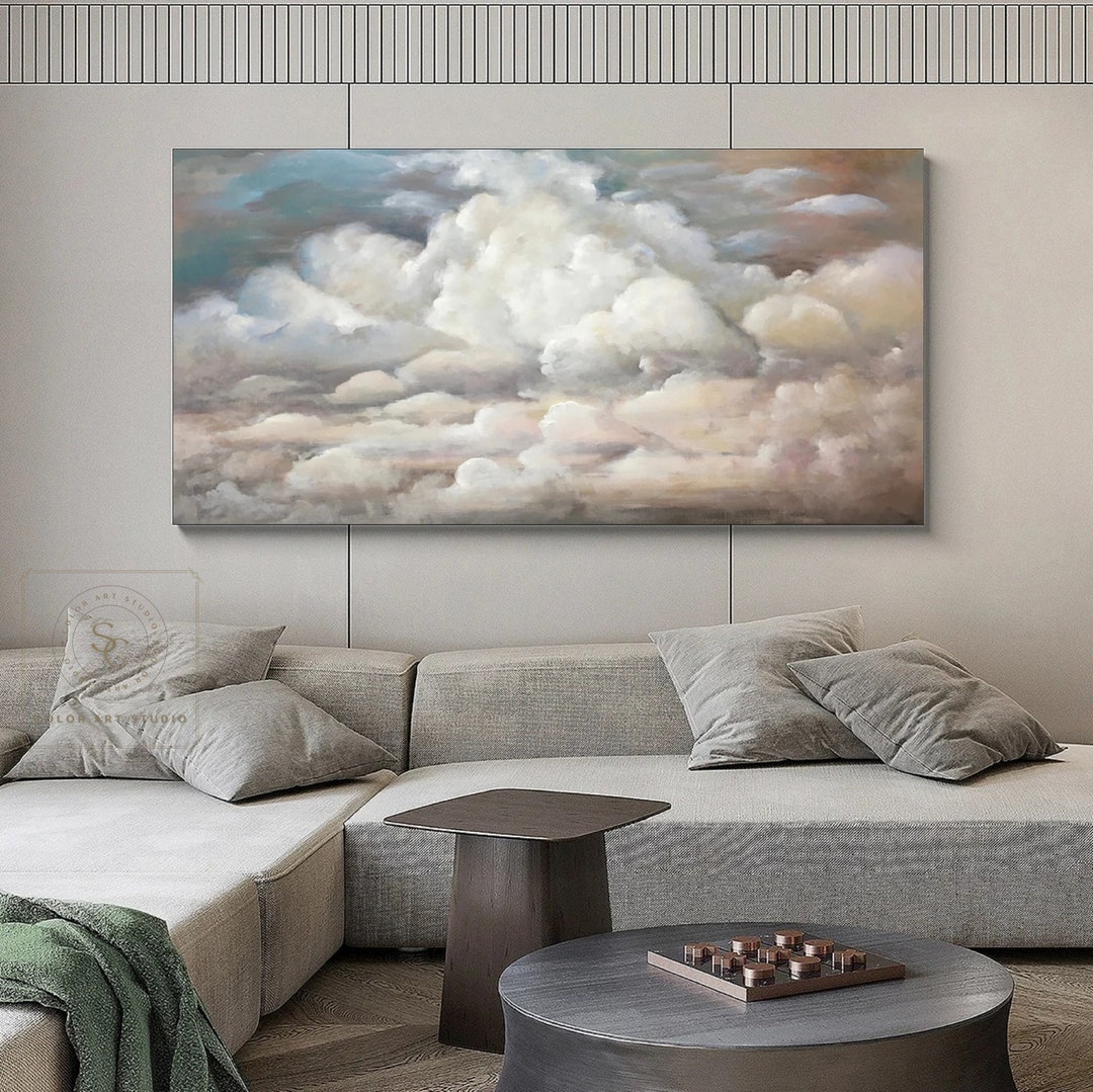 Large Cloud Abstract Painting Cloudy Sky Wall Art White Cloud Canvas ...