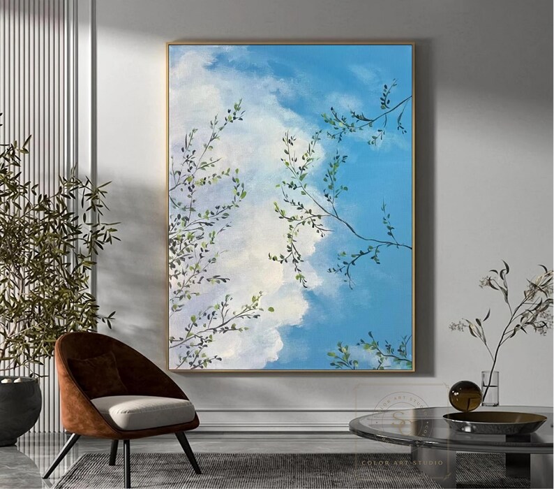 White Cloud Abstract Wall Art Large Blue Sky Canvas Painting Hand ...