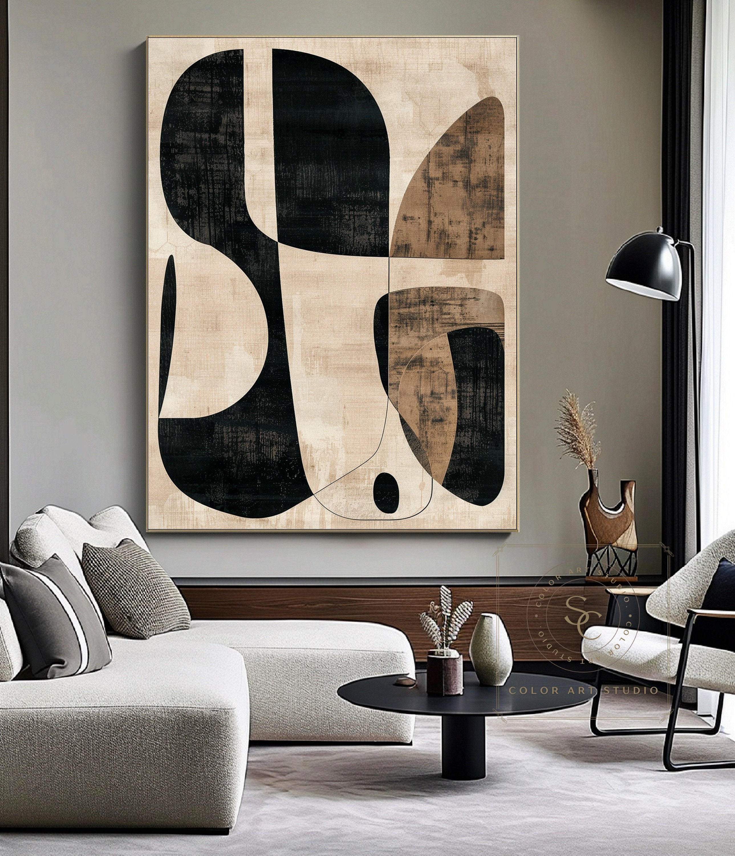 Black Beige Abstract Painting Beige Wall Art Minimalist Wall Art Large ...