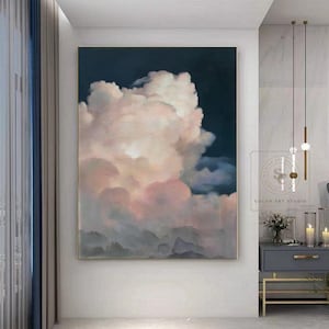 Original White Cloud Wall Art, Large Cloudy Sky Abstract Painting, Pink Cloudscape Canvas, Navy Blue Living Room Wall Art