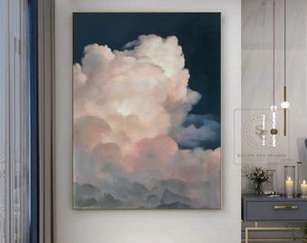 Original White Cloud Wall Art, Large Cloudy Sky Abstract Painting, Pink Cloudscape Canvas, Navy Blue Living Room Wall Art