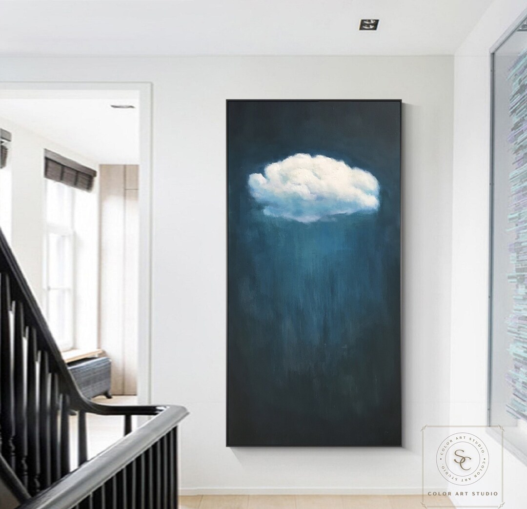 Blue Abstract Painting Blue Minimalist Wall Art White Cloud Etsy
