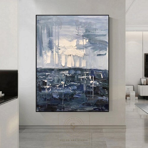 Large white 3d abstract painting blue grey abstract painting blue sea landscape painting white sky abstract painting large texture painting shops