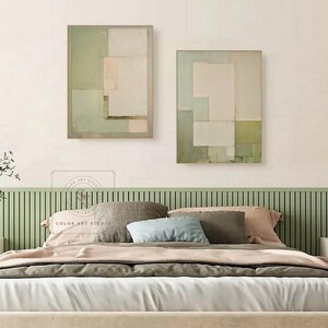 Minimalism Beige Wall Painting, Green Abstract Art, Set of 2 Wabi-Sabi Wall Art, Large Handmade Canvas for Home Decor image 7