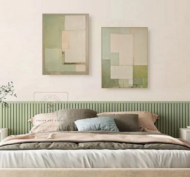 Minimalism Beige Wall Painting, Green Abstract Art, Set of 2 Wabi-Sabi Wall Art, Large Handmade Canvas for Home Decor image 7