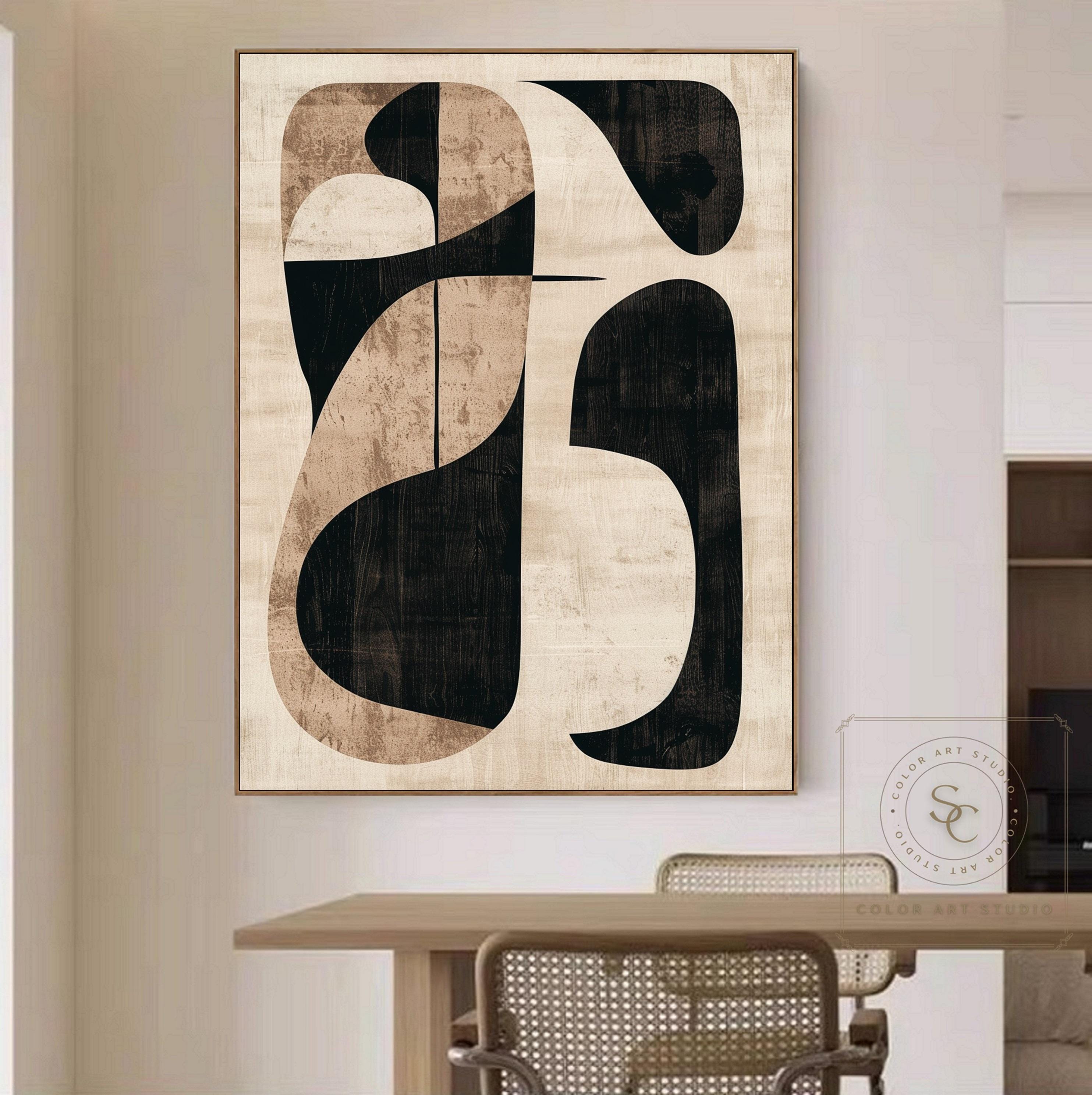 Beige Minimalist Wall Art Black Beige Abstract Painting Large Boho Wall ...