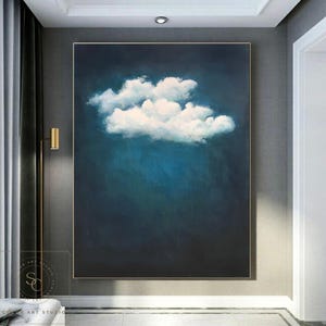 Blue Minimalist Painting Blue Abstract Art White Cloud Abstract Painting Blue Abstract Painting Large Cloud Painting Blue Canvas Wall Art