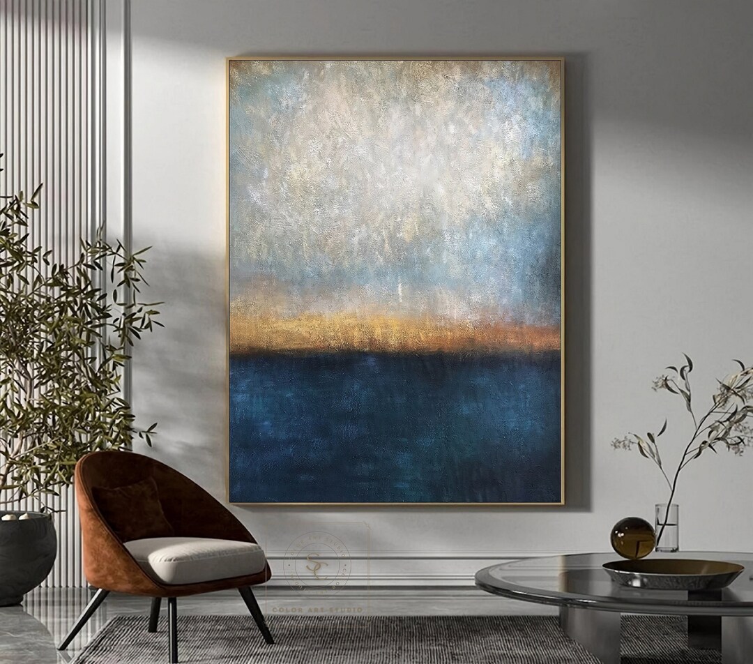 Navy Blue Painting Seascape Abstract Painting Yellow Textured Art Large