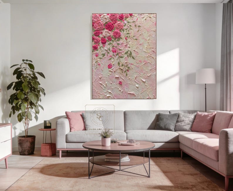 Large Textured Rose Painting, Pink Floral Abstract Canvas Wall Art - Etsy